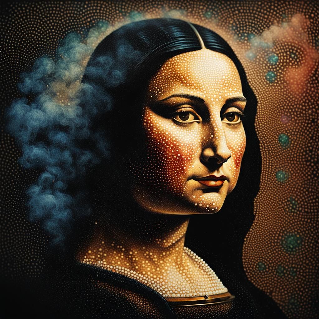 Mona Lisa Smoking Pipe in Pointillist Style