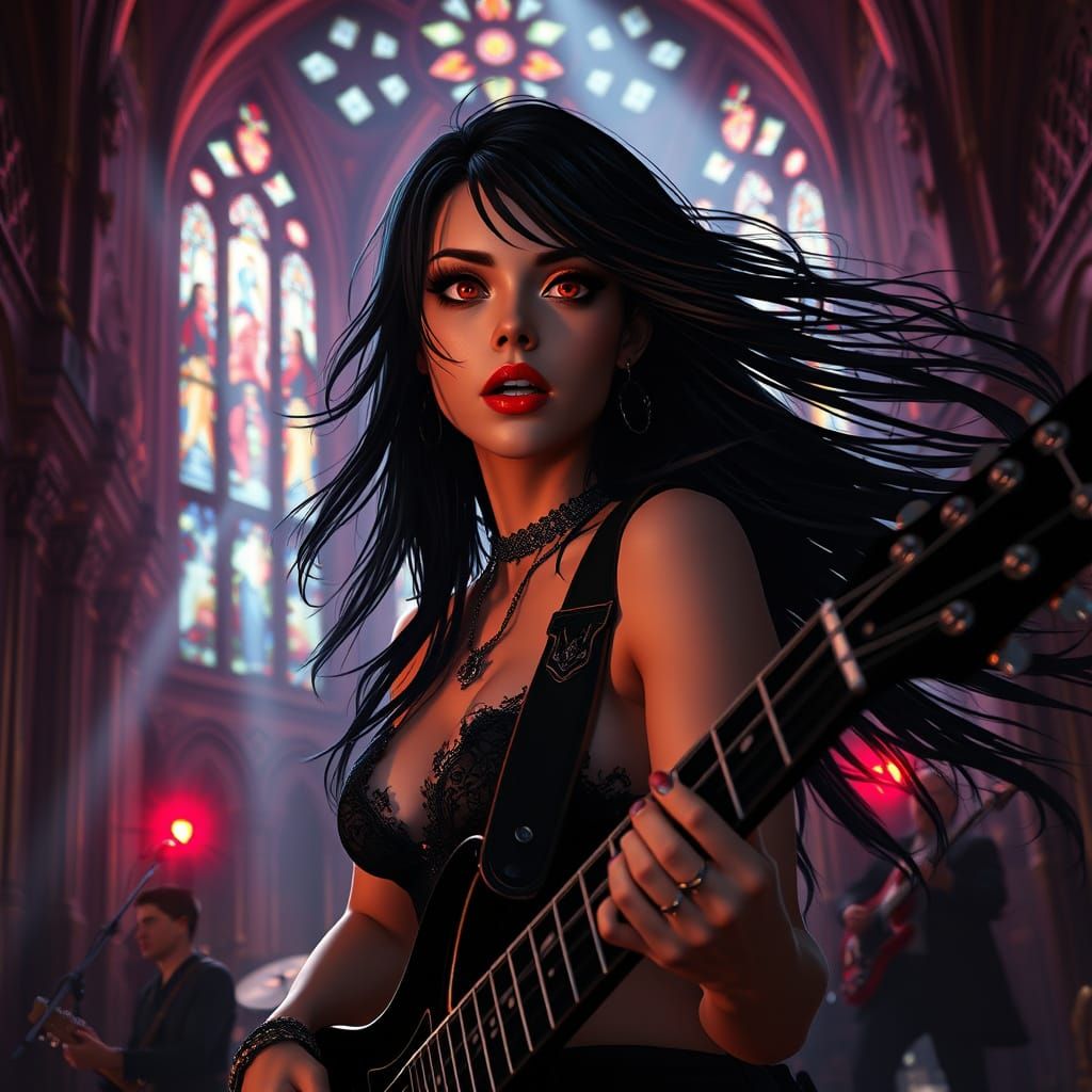 Gothic Rock Band in Cathedral with Neon Lights