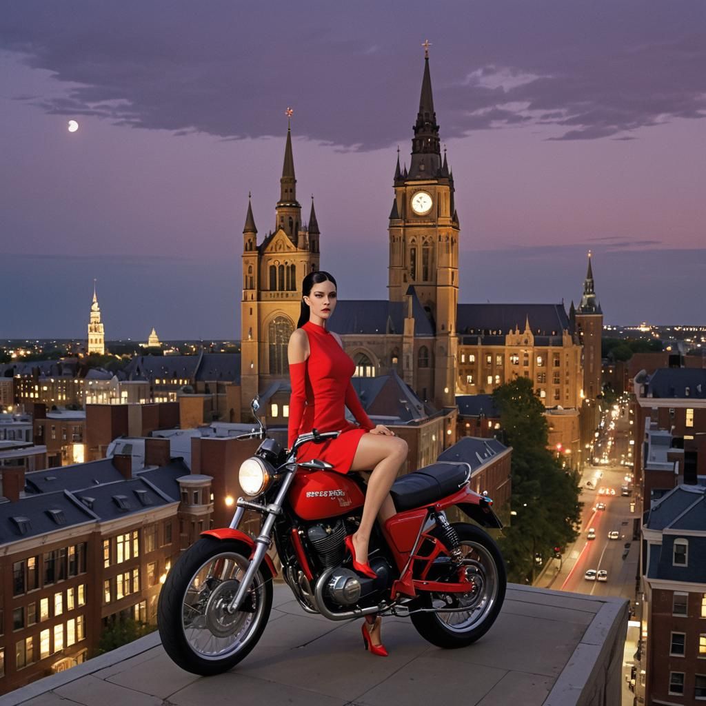 Glamorous Secret Agent on Motorcycle, Surreal Cityscape