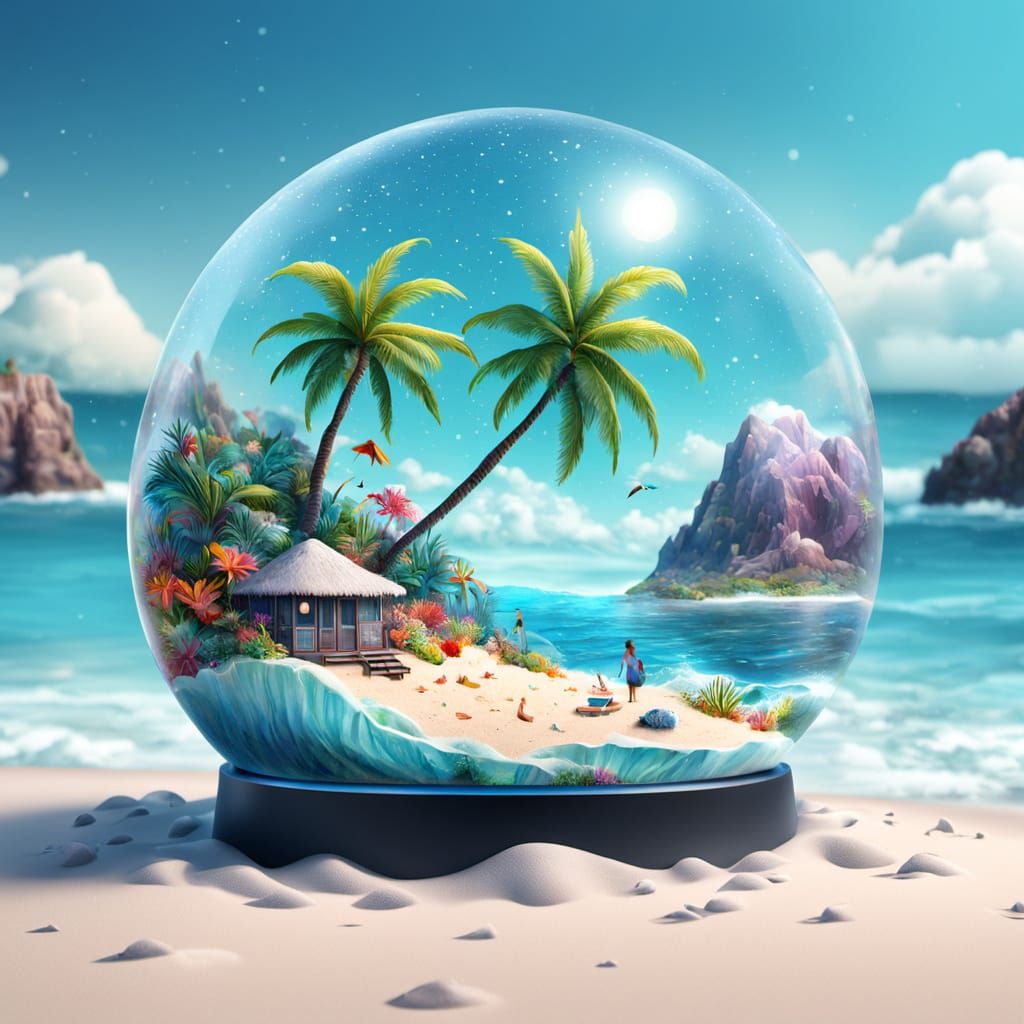 Summer Beach Scene in Snow Globe: Cosmic Illustration