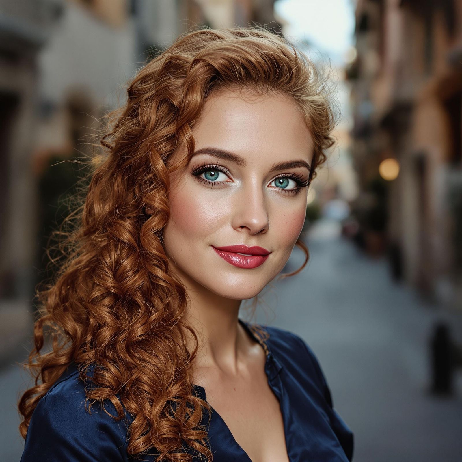 Elegant Portrait of a Woman with Emerald Eyes and Red Curls