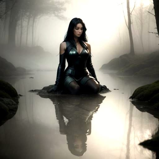 Woman in Black Leather Kneeling by Misty Lake