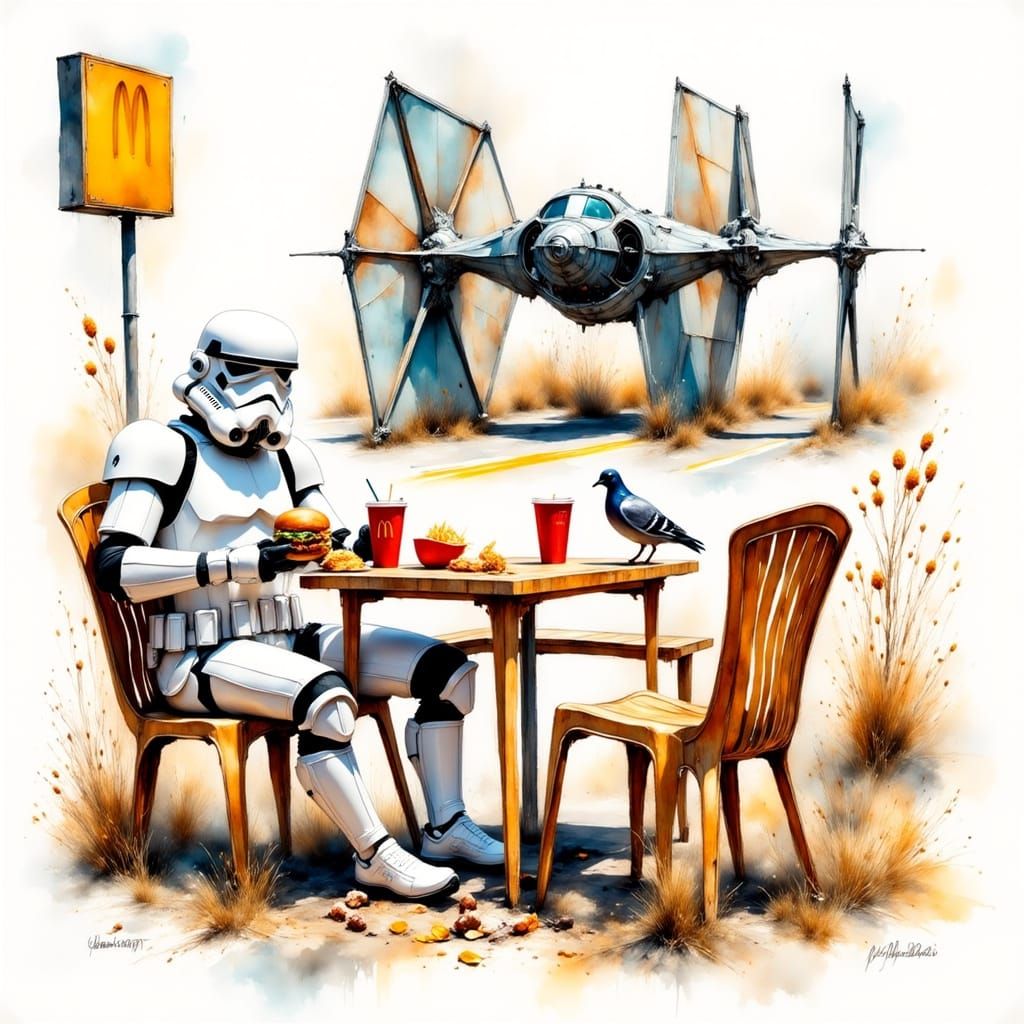 Stormtrooper's McDonald's Break: Hyperrealistic T-Shirt Desi...