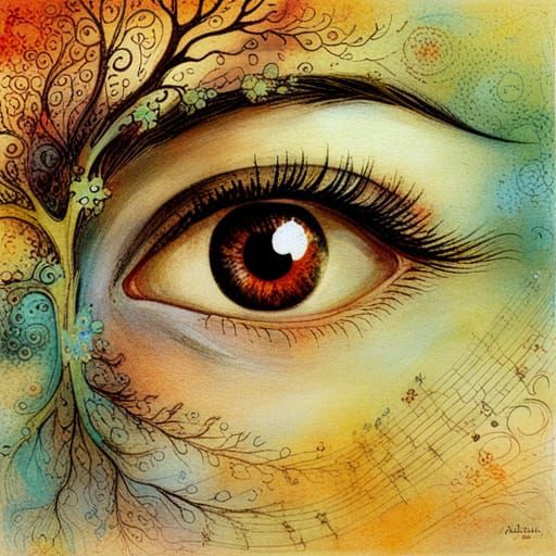 Detailed Eye Reflecting Nature and Music, Fantasy Art