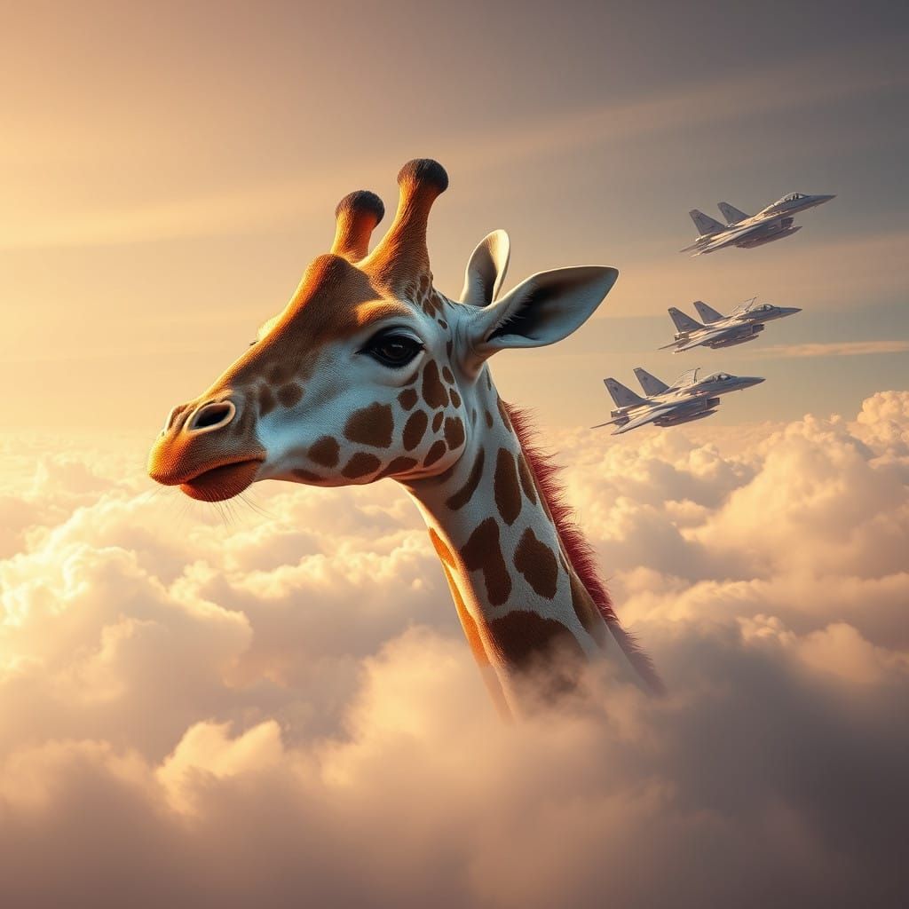 Giraffe Emerges from Clouds in Futuristic Landscape