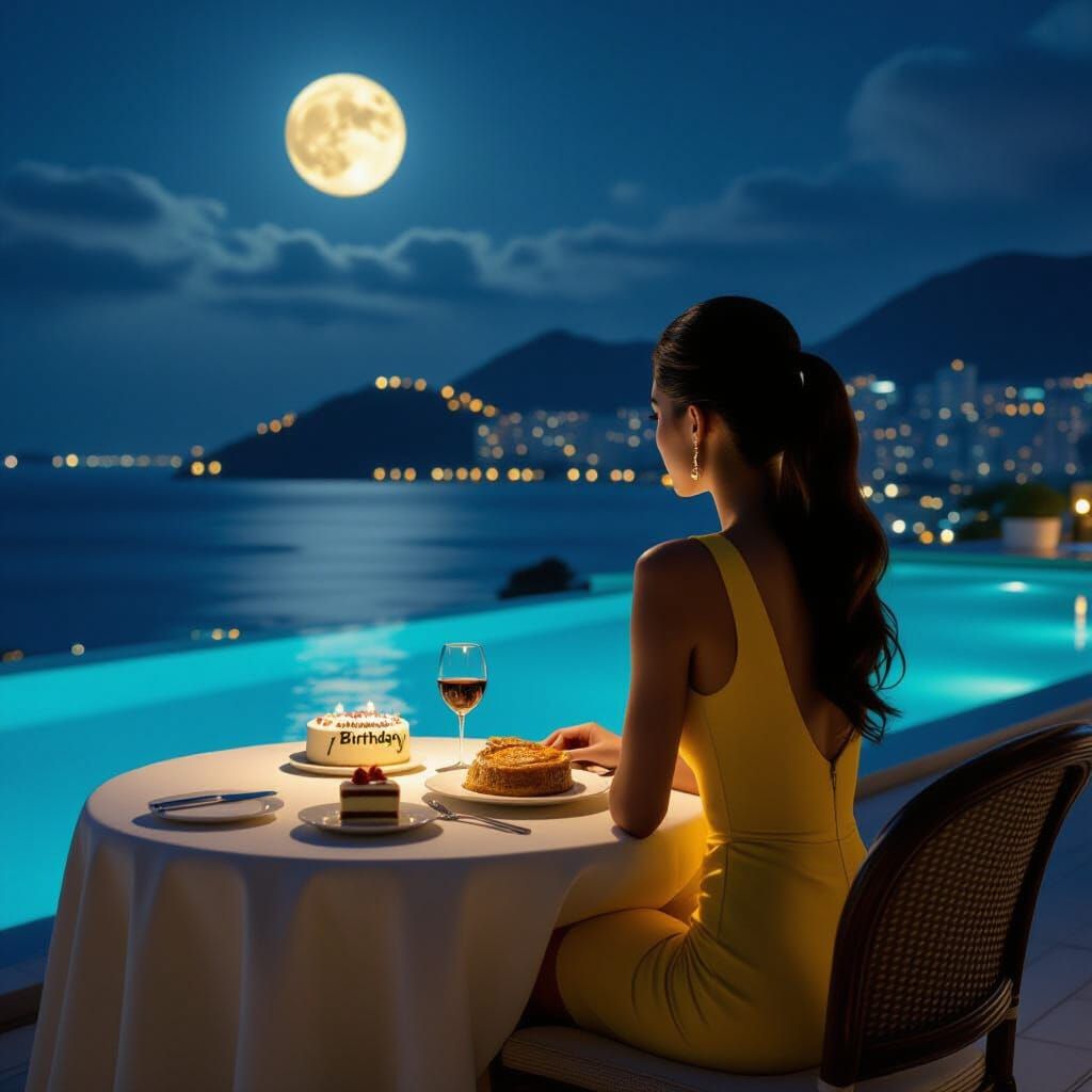 Schoolgirl in Yellow Dress on Hotel Rooftop Overlooking Repu...