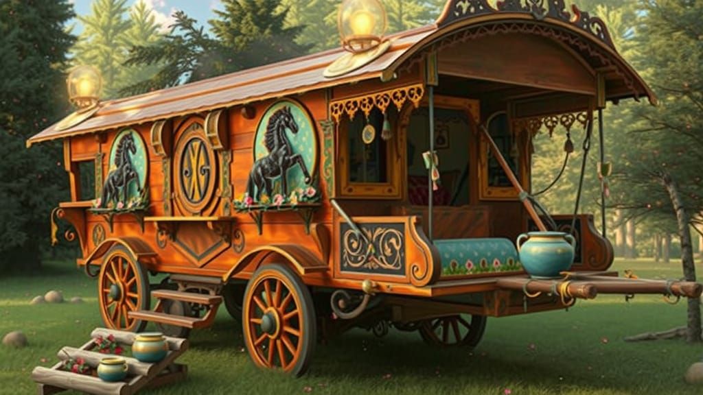 Horse-Drawn Gypsy Caravan in Mystical Woods