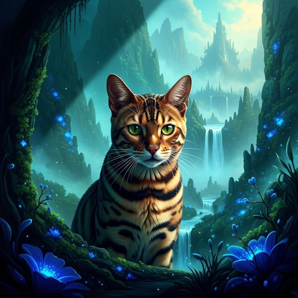 Bengal Cat With One Ear Fantasy Matte Painting