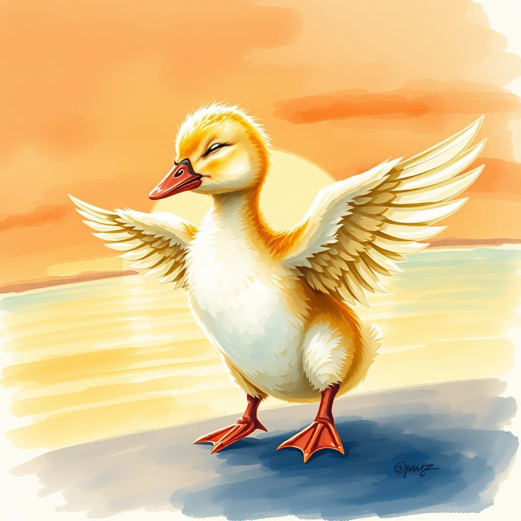 Whimsical Duckling Dance at Sunset: Watercolor Style