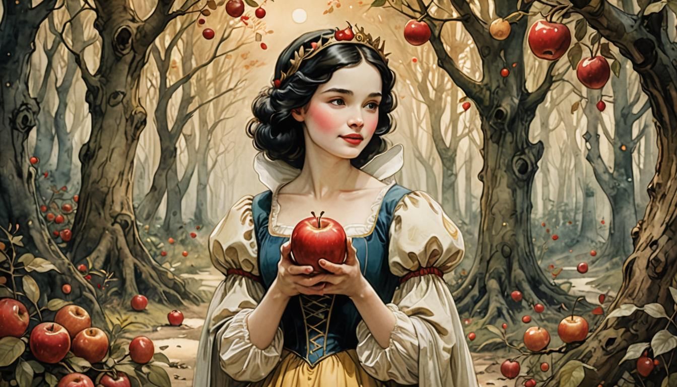 Snow White in Lush Forest, Watercolor Illustration