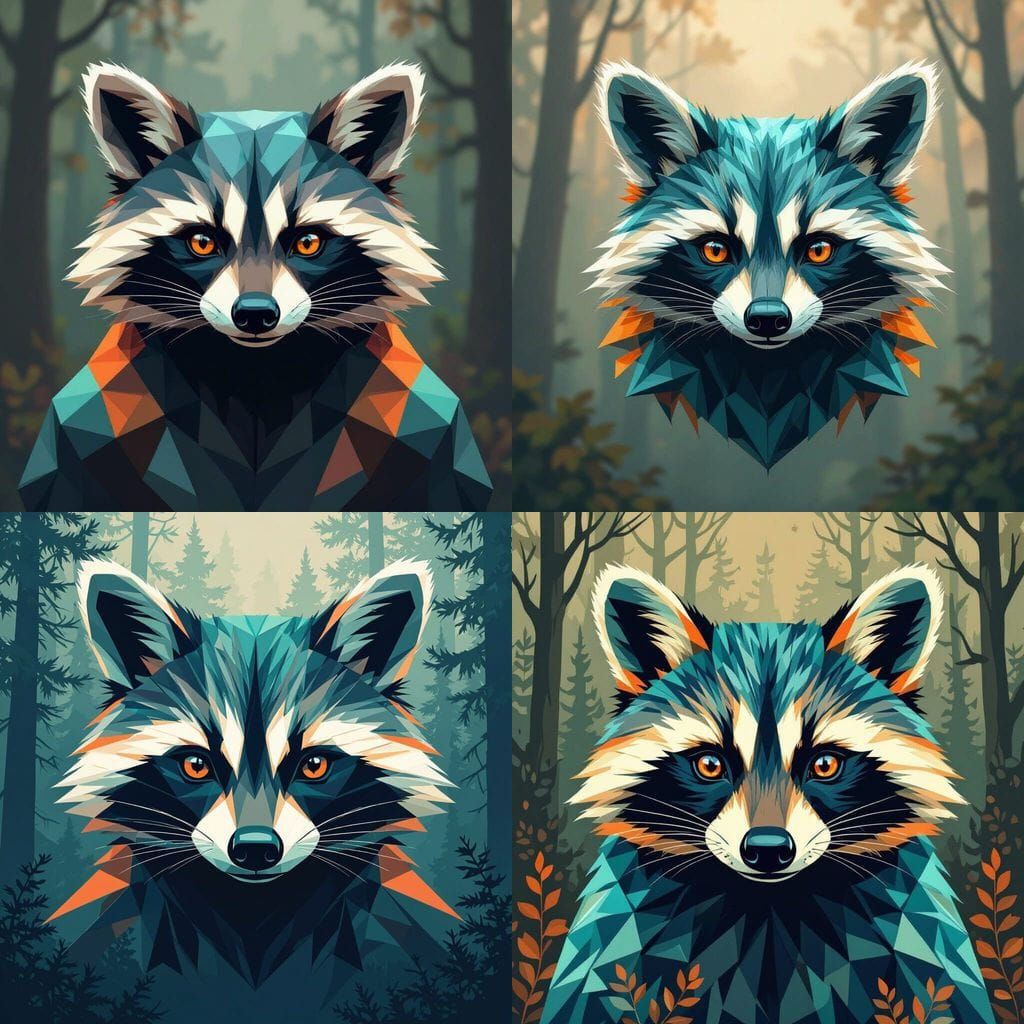 Geometric Racoon Head in Turquoise and Orange Tones