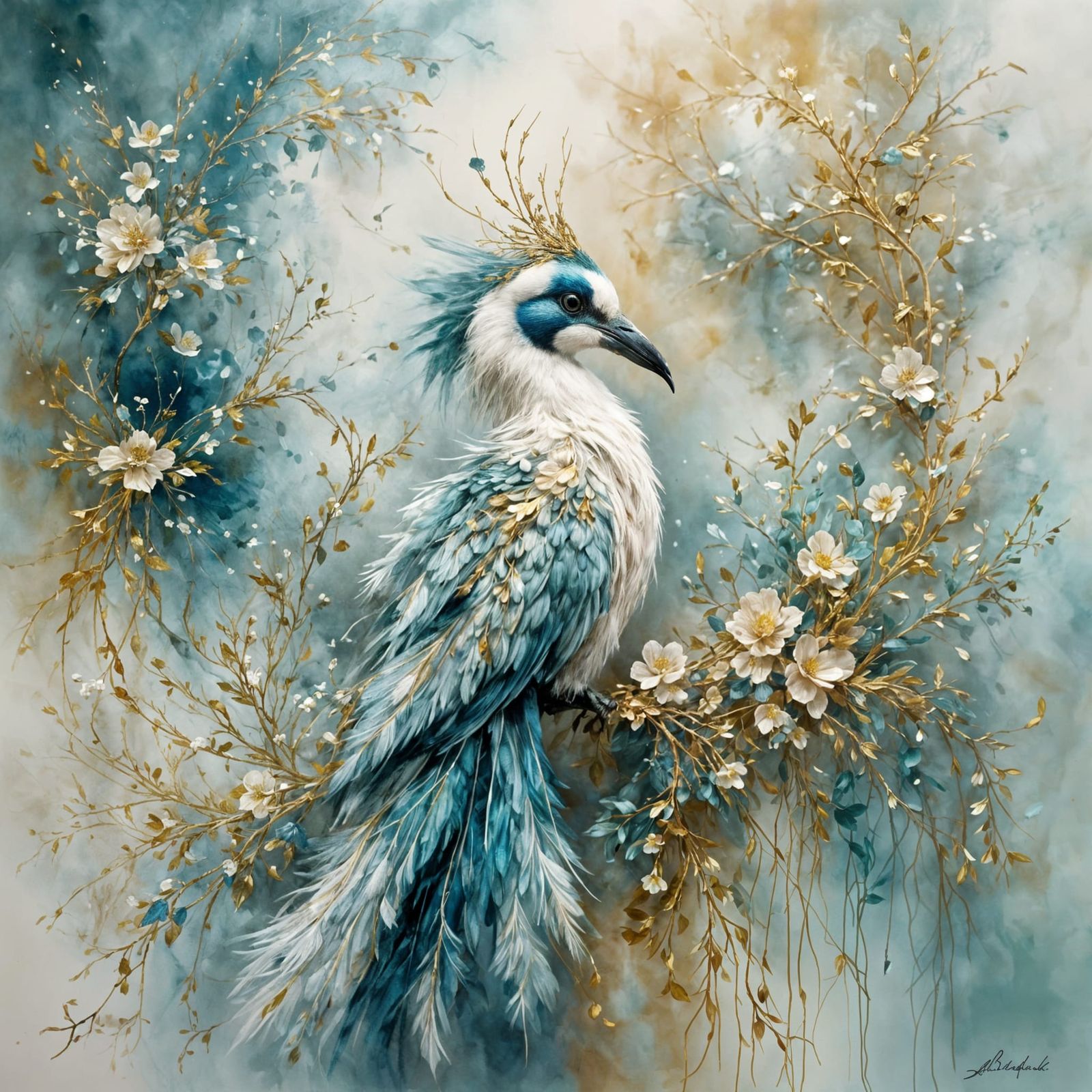 Colorful Bird Perched on Floral Wreath