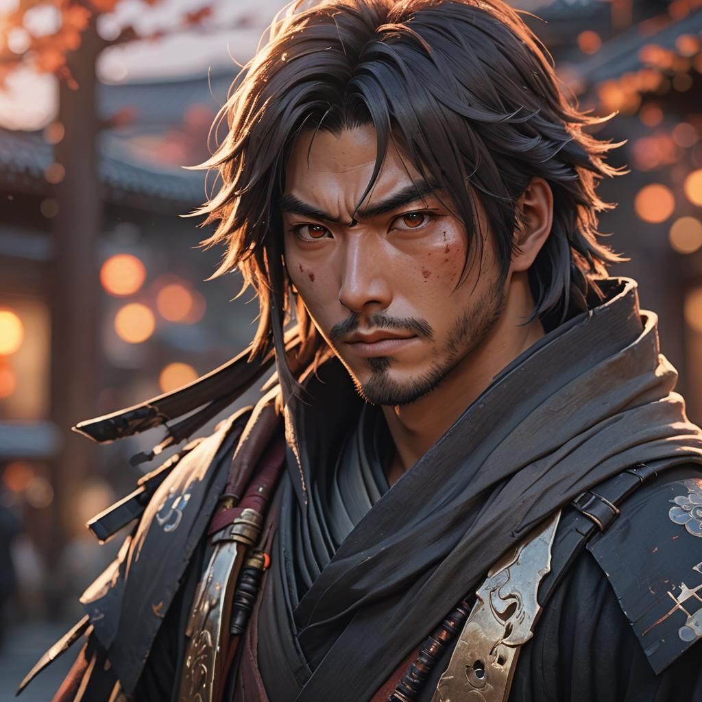 Intense Anime Ronin Portrait in 3D Rendering Style