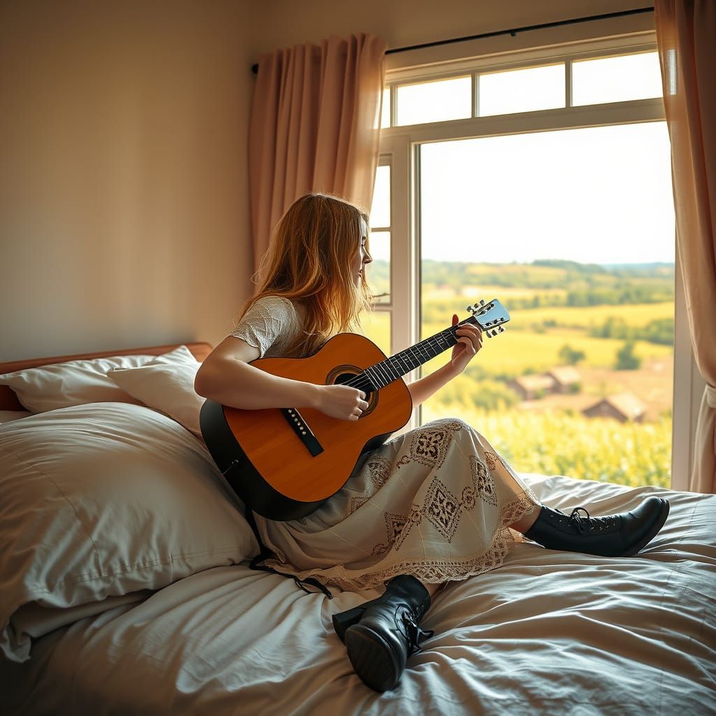 Young Woman in Ethereal Calm, Reclining on Plush Bed with Gu...