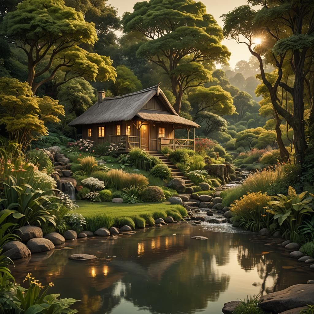 Lush Garden with Hut as Oil Painting