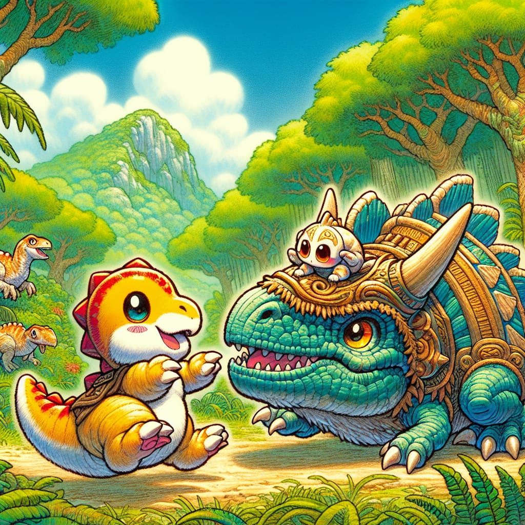 Cute Baby T-Rex and Spinosaurus in Anime Style