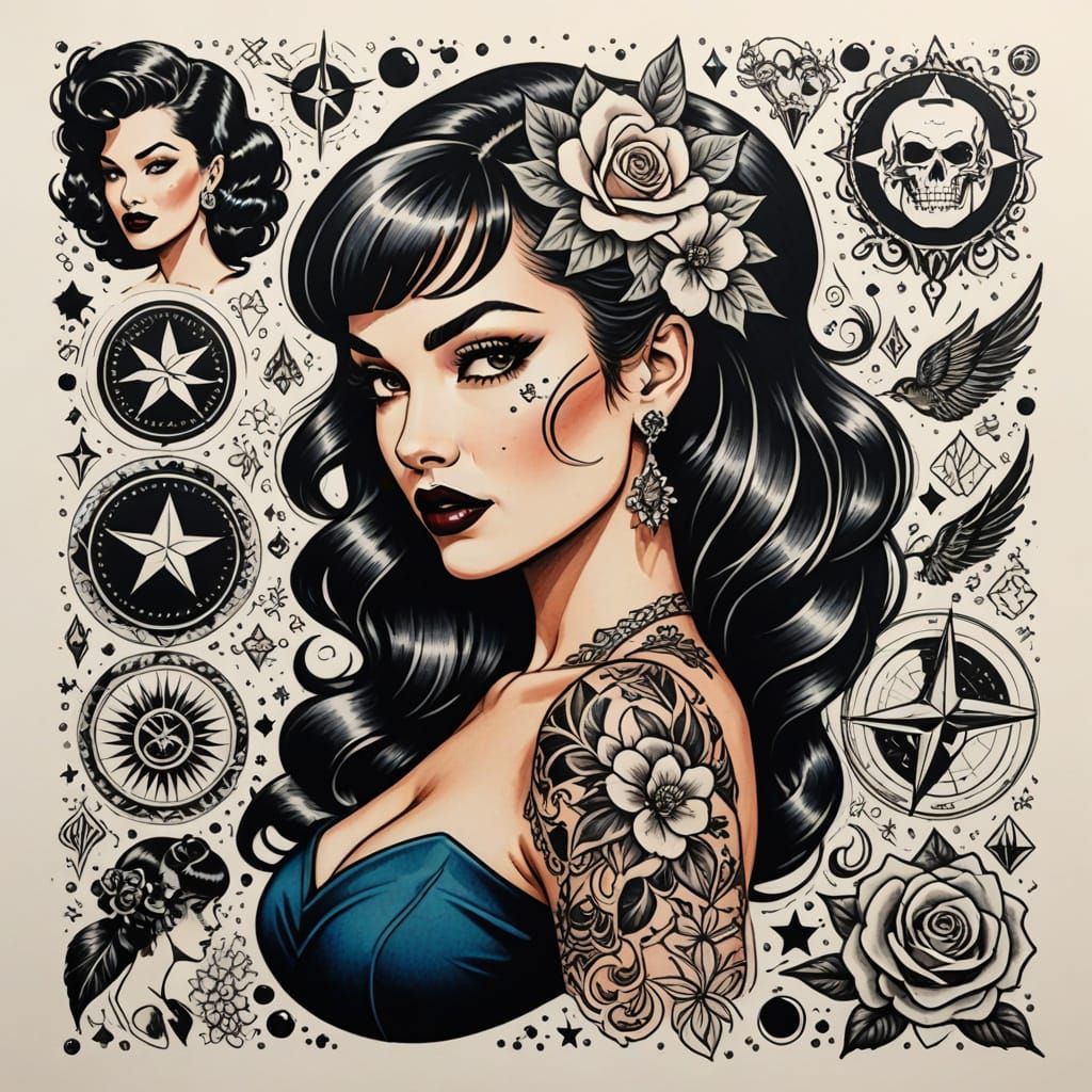Flash Tattoo Art of Pin-Up Girls in Pen and Ink