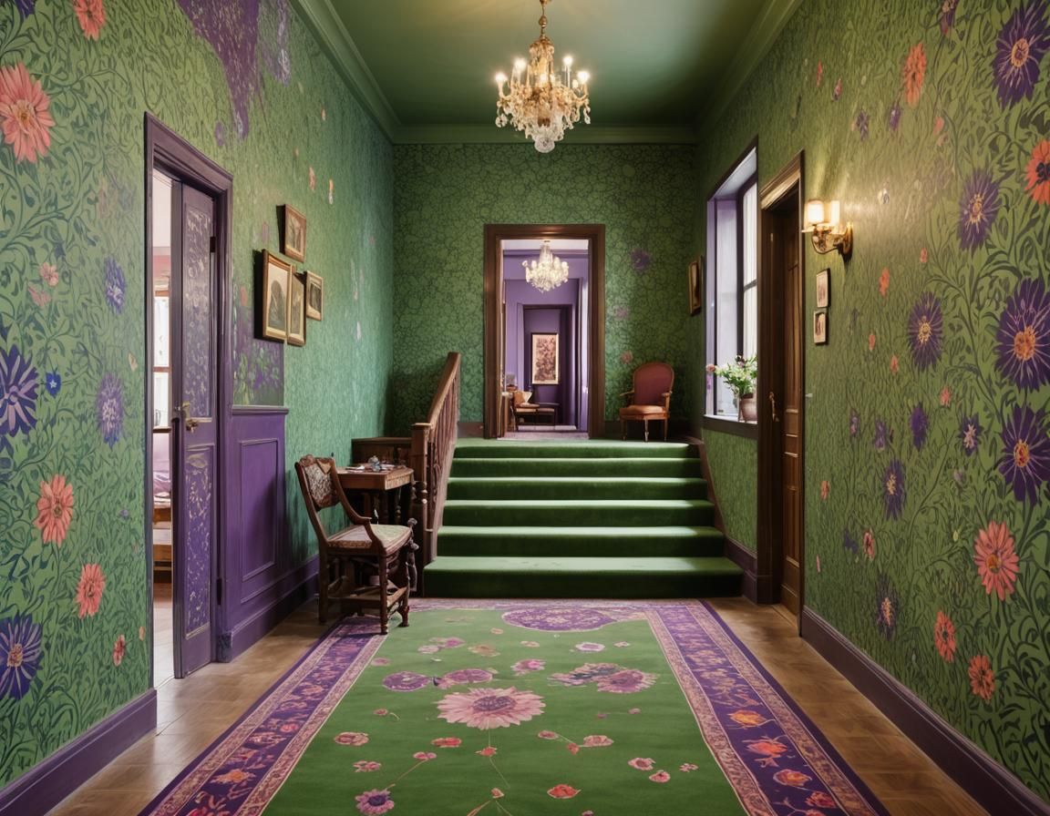 Inviting Corridor with Floral Wallpaper and Soft Carpet