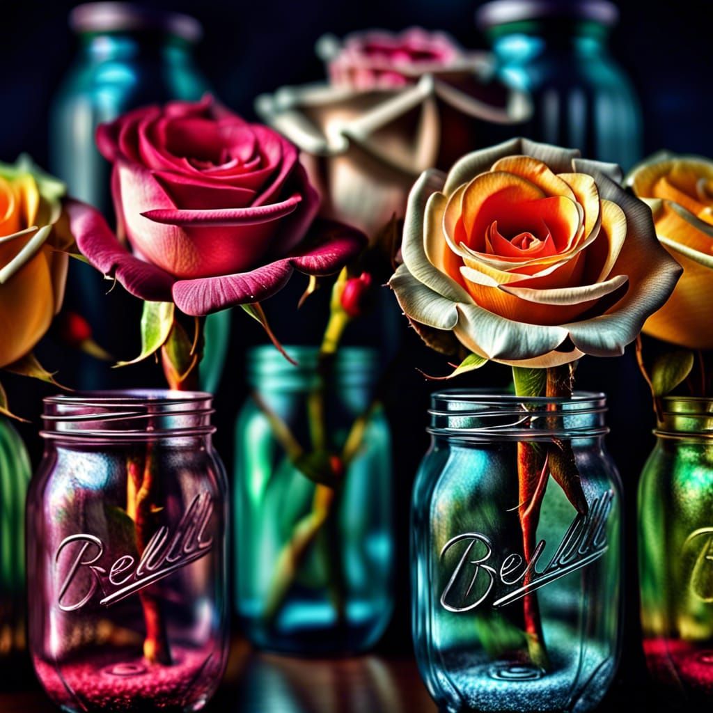 Hyperrealistic Roses in Mason Jars, Atmospheric Lighting