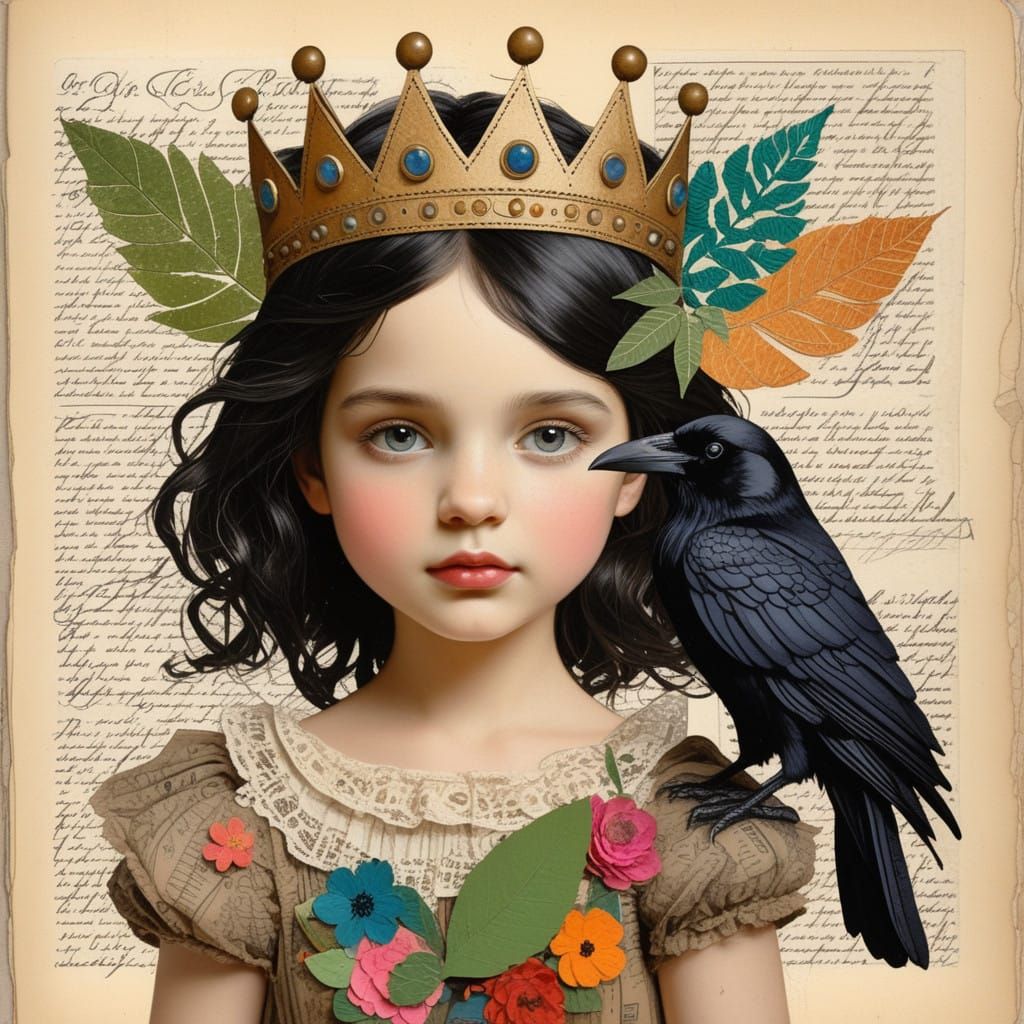 Princess with Raven in Mixed-Media Storybook Illustration