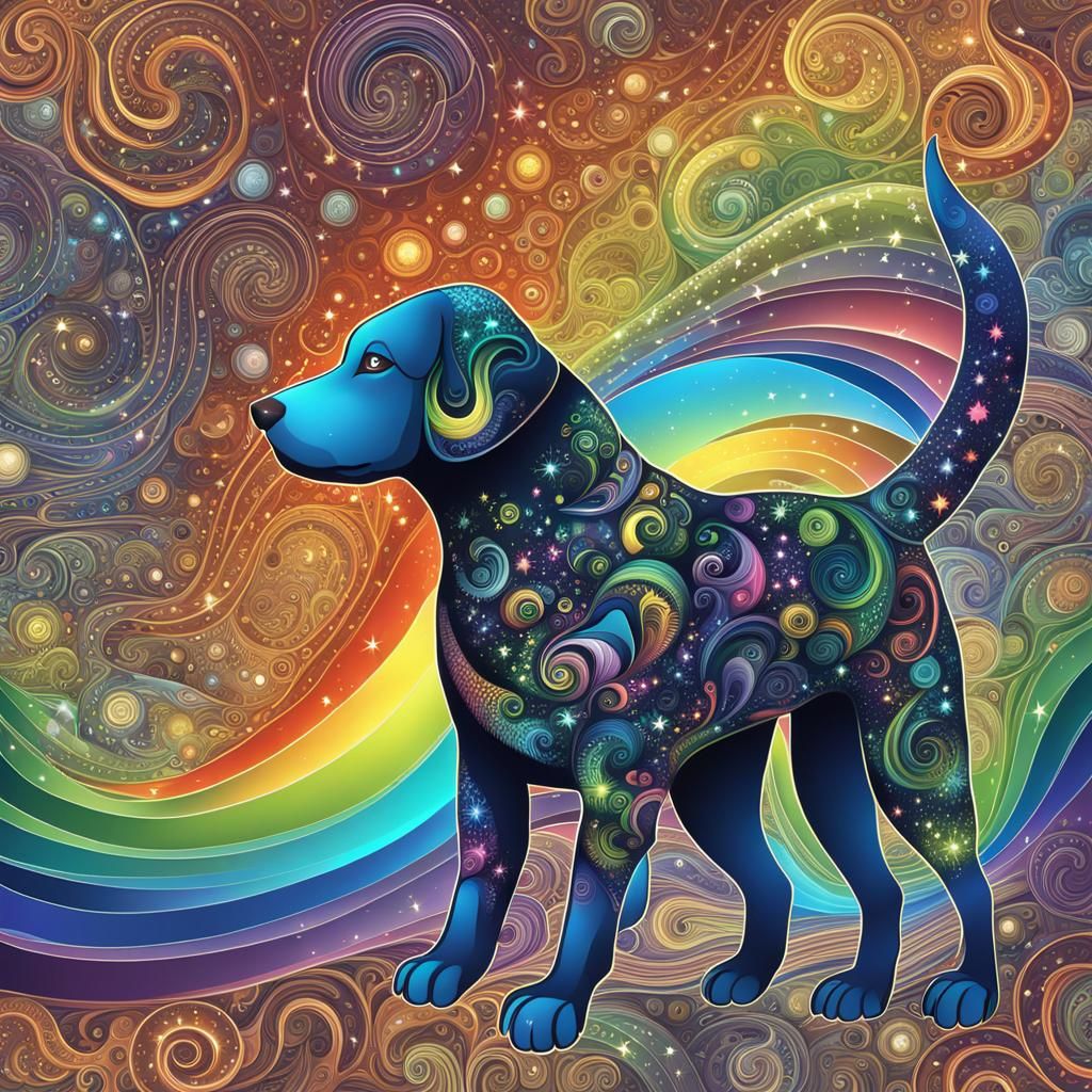 Rainbow Dog with Stars and Abstract Fractals