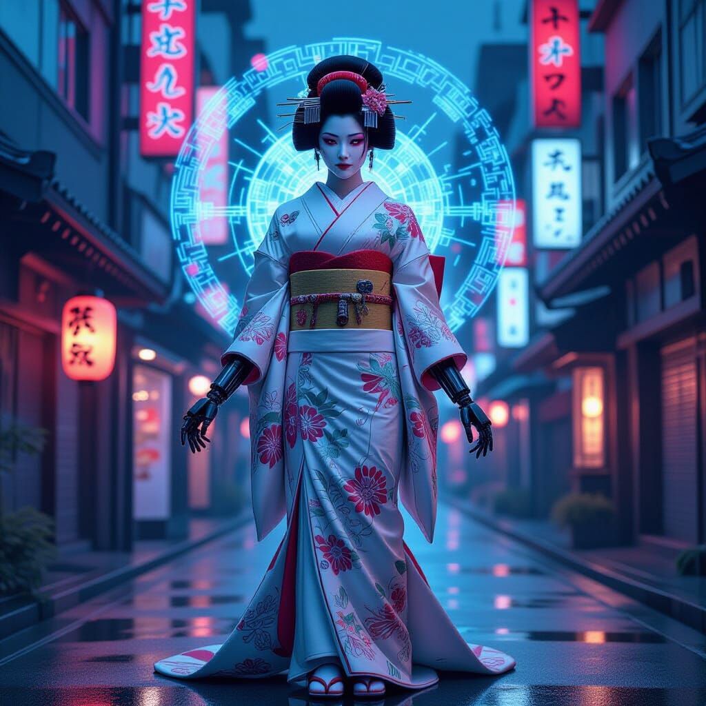 Cyberpunk Geisha Amidst Tokyo's Neon Streets
