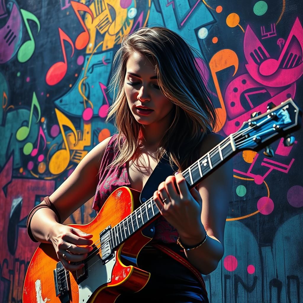 Woman Guitarist in Colorful Music Graffiti Art