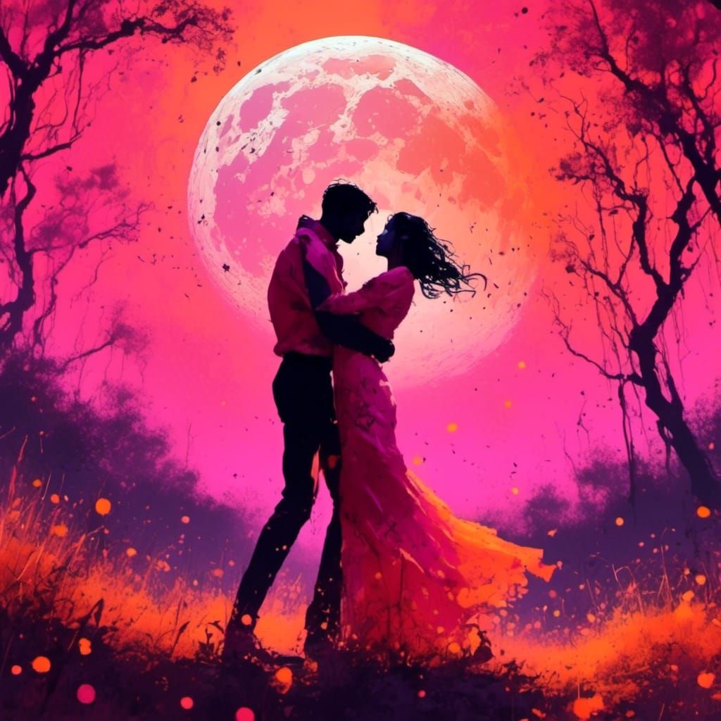 Couple Dancing Silhouetted by Pink Moon
