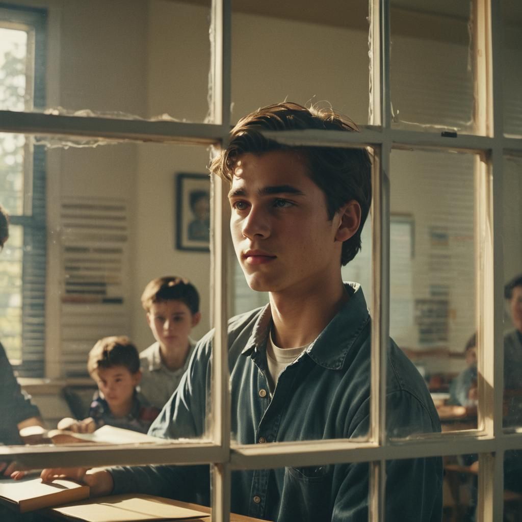Young Man Watching Students Play, Cinematic Film Still