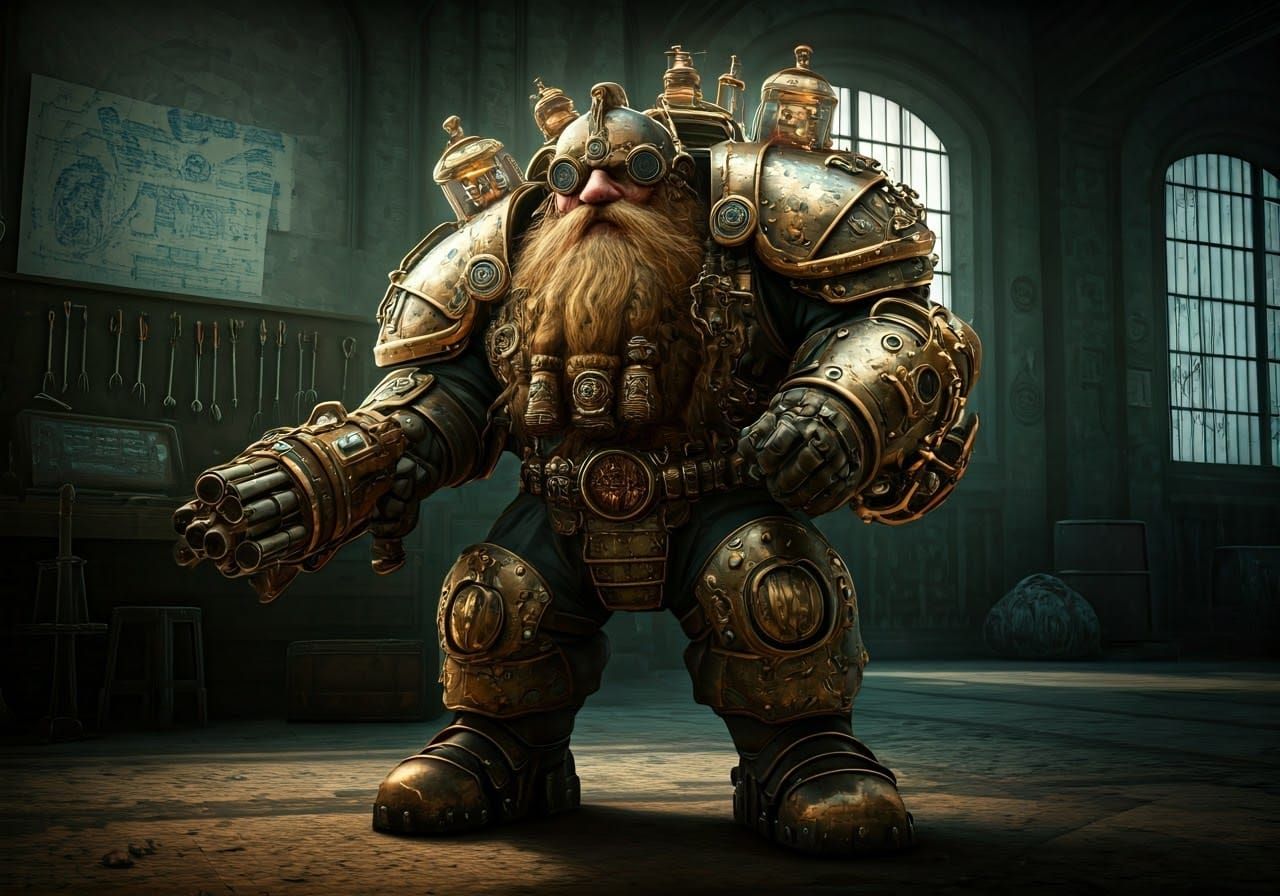 Steampunk Dwarf Warrior in Sci-Fi Workshop