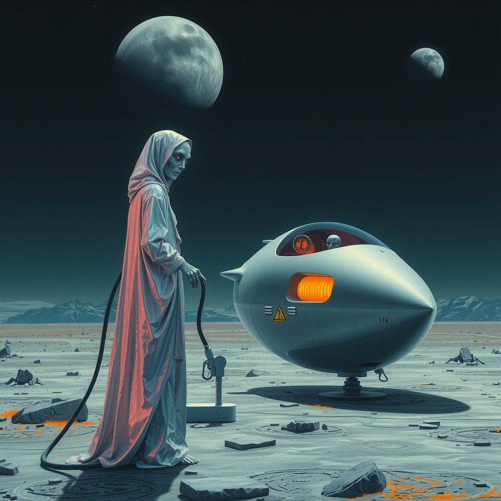 Ethereal Alien Fills Spaceship at Lunar Gas Station in Vibra...