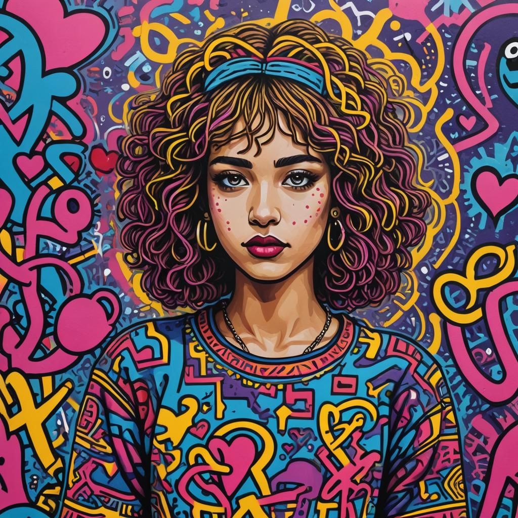 Woman with Colorful Hearts in Keith Haring Style