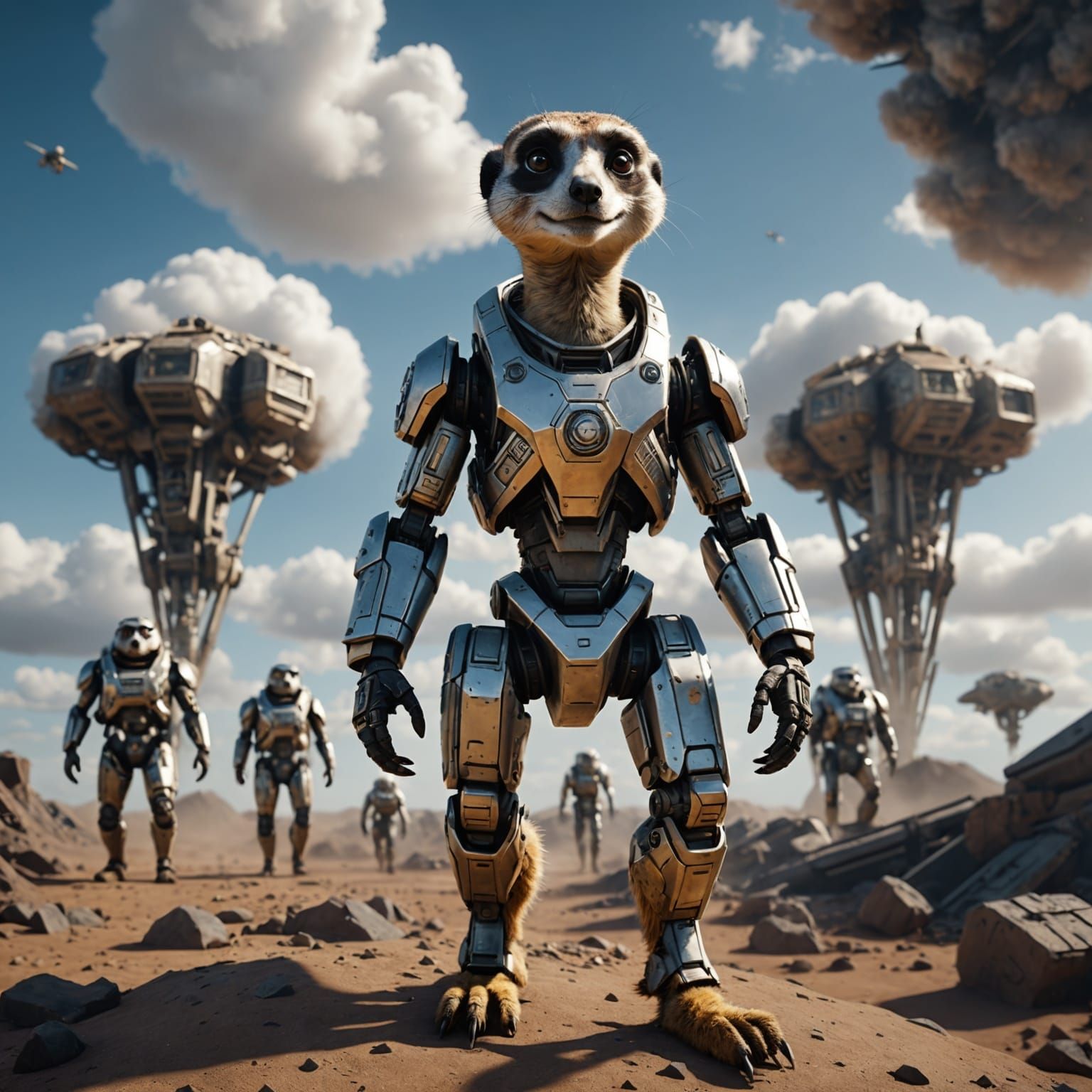 Futuristic Sci-Fi Meerkat in Atmospheric Cloudscape