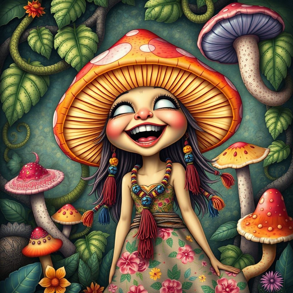 Vibrant Whimsical Female Mushroom Creature in Hippie Attire