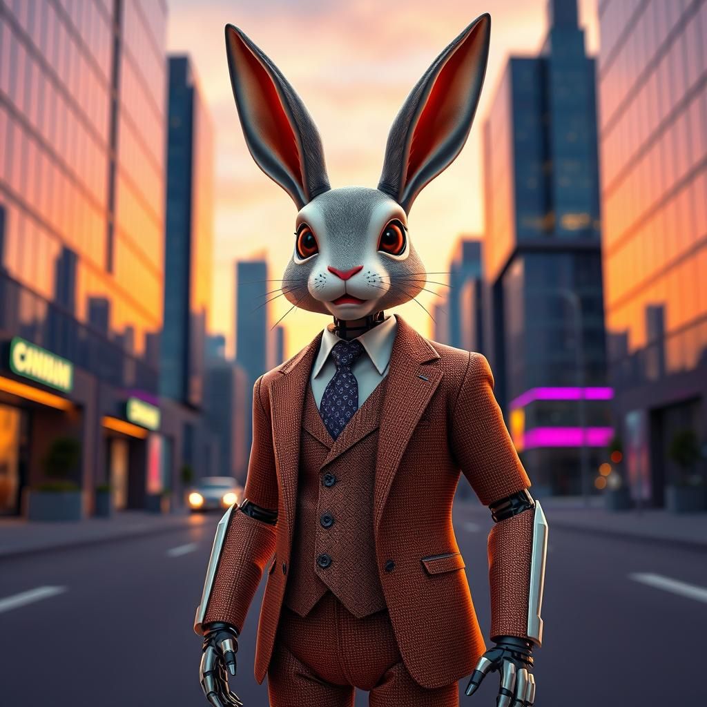 Robotic Bunny in Suit, Futuristic 3D Render