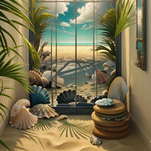 Ethereal Beach Scene with Palms and Mirrored Reflections