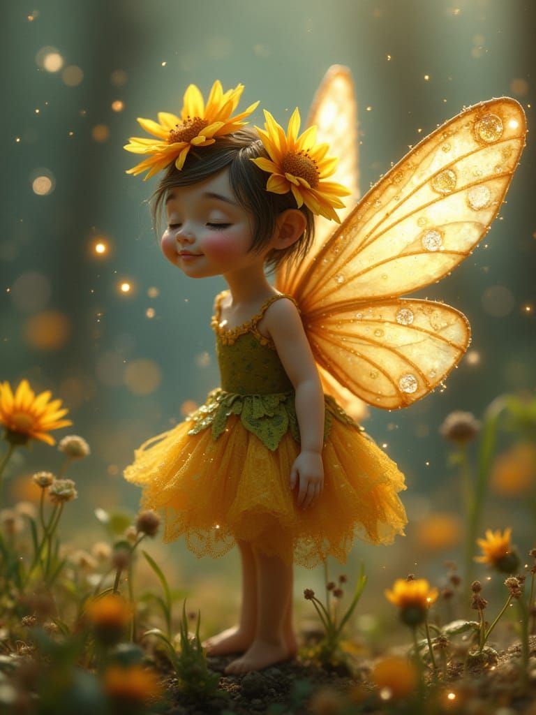 Woodpunk Fairy with Pearlescent Wings and Sunflower Dress