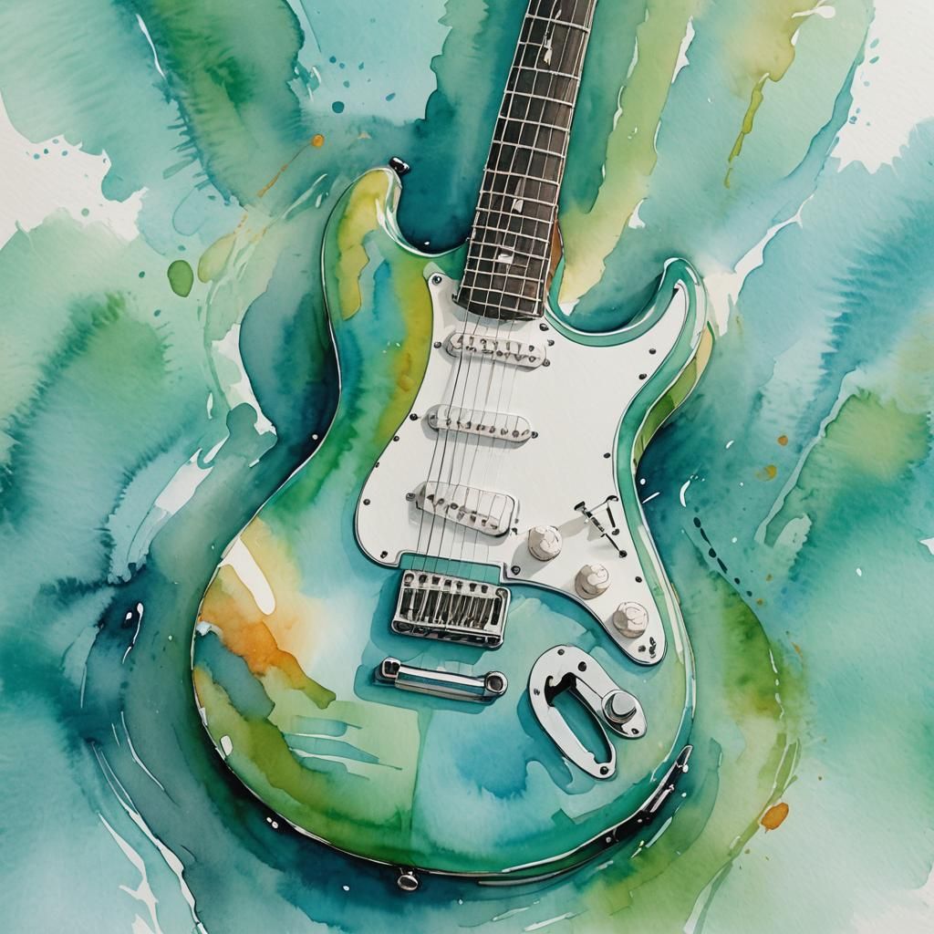 Pastel Guitar in Watercolor with Turquoise Splash