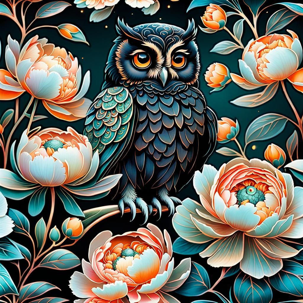 Moonlit Owl in Peony Garden: Art Nouveau Style