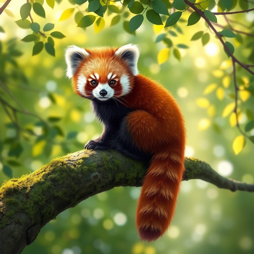 Adorable Red Panda on Mossy Branch in Dappled Sunlight