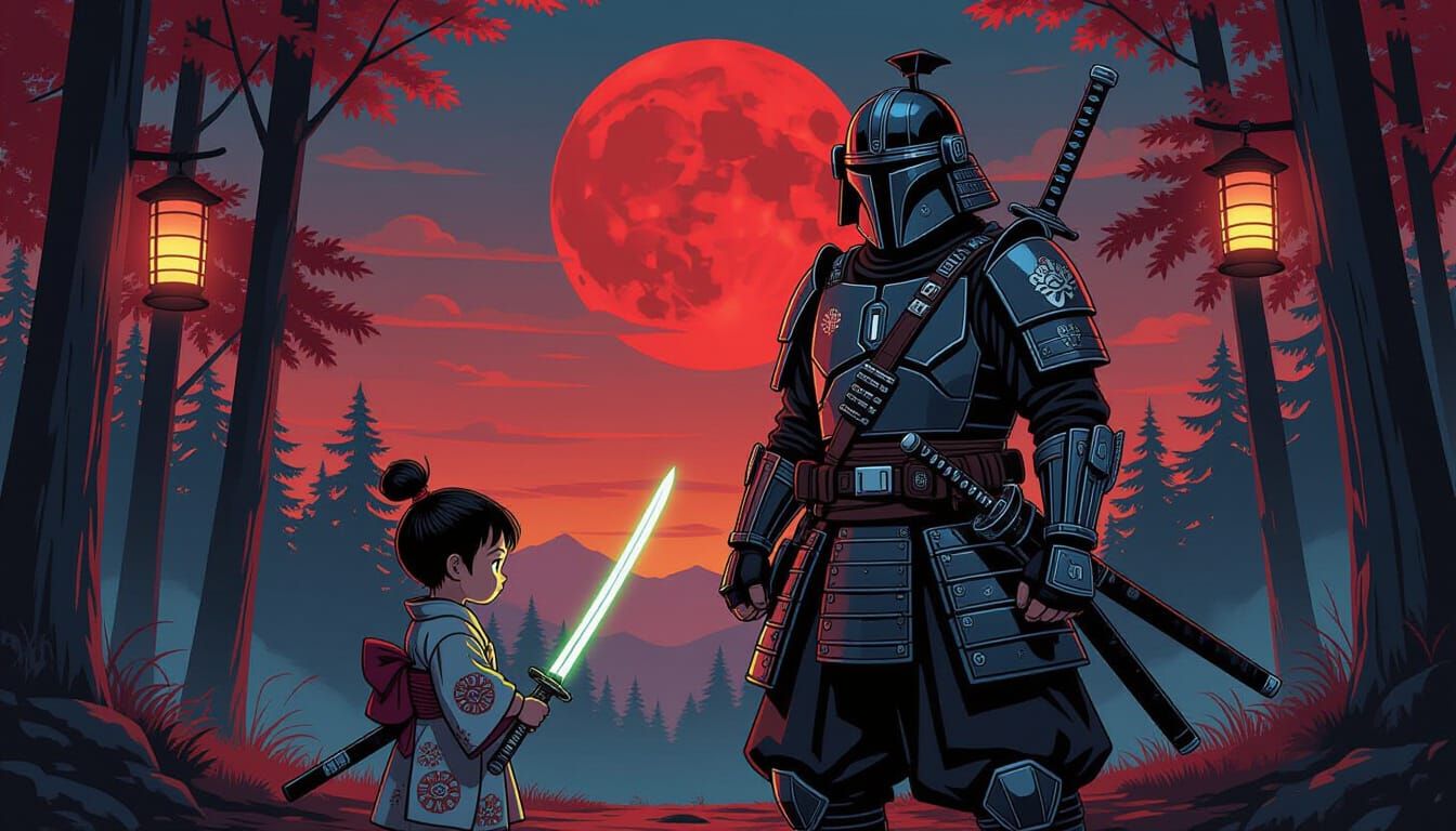 Samurai Din Djarin and Grogu in Anime Style