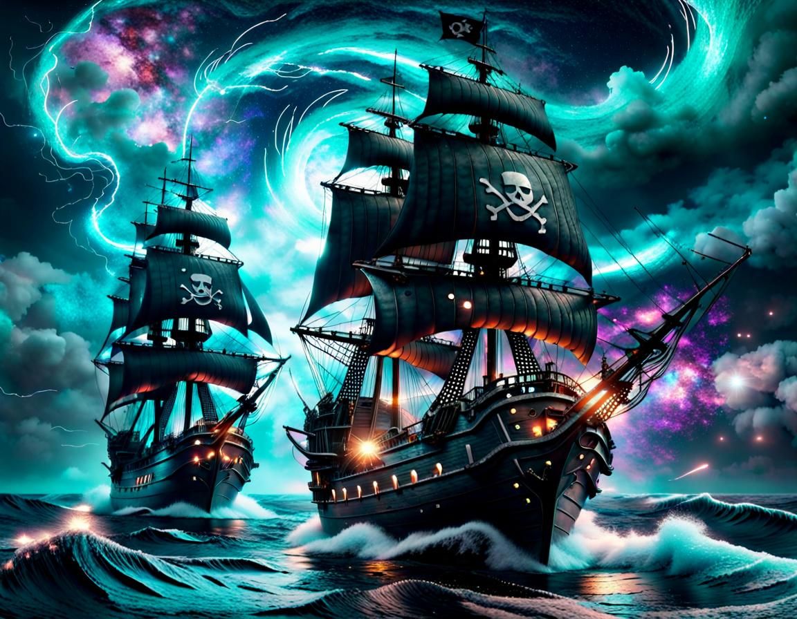 Pirate Ships Fighting on Bioluminescent Galaxy Sea
