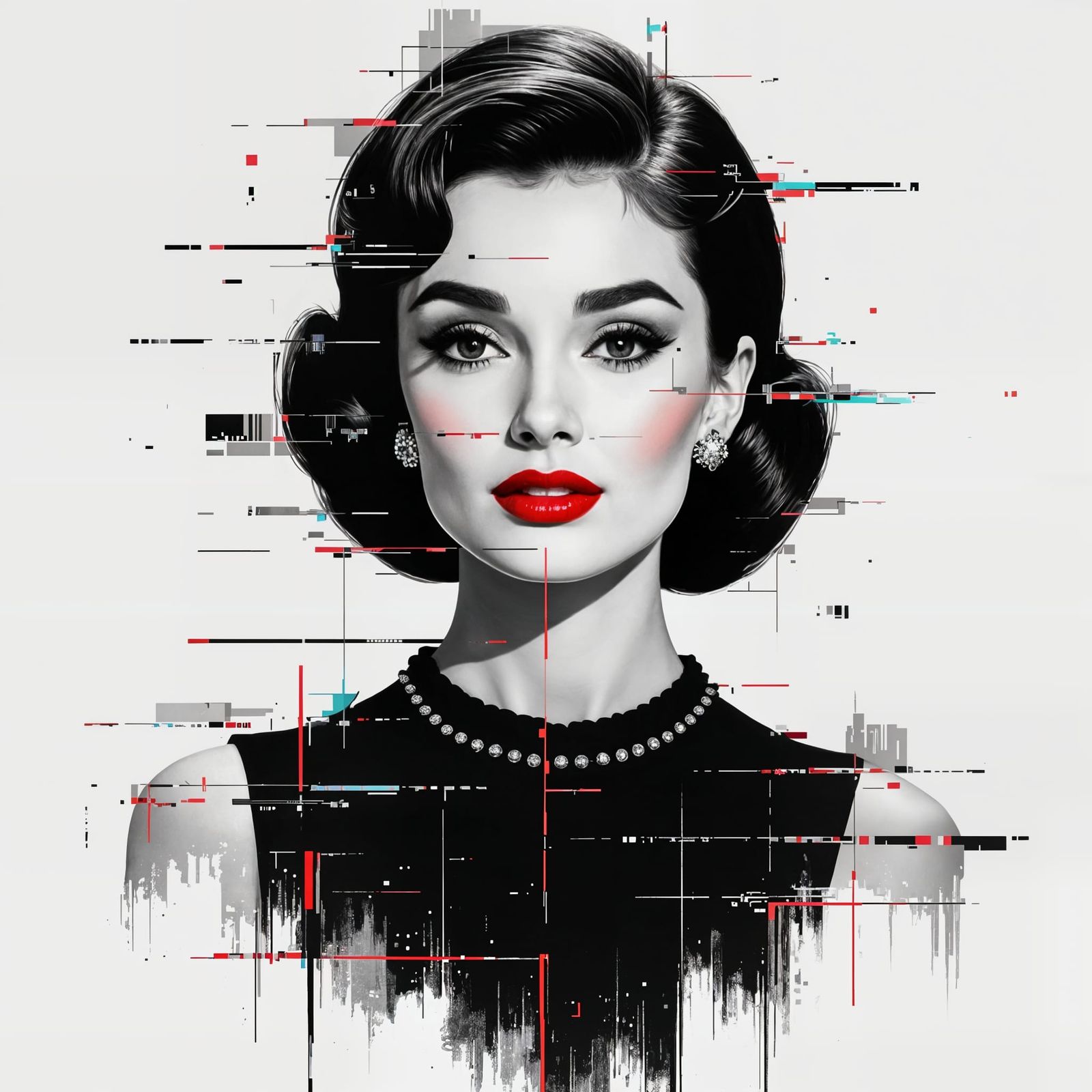 Audrey Hepburn Glitch Art Portrait in Cyber-Noir Style