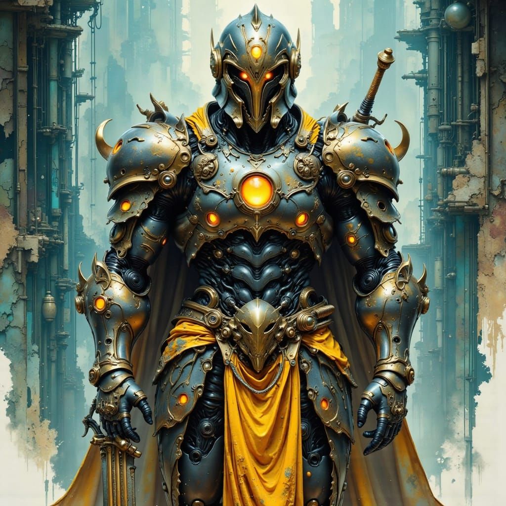 Armored Knight with Glowing Eyes in Watercolor Style