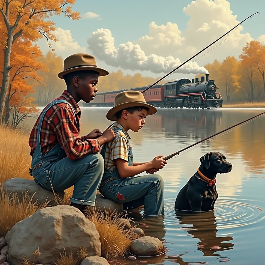 Two Boys Fishing with Loyal Dog as Vintage Train Passes by i...