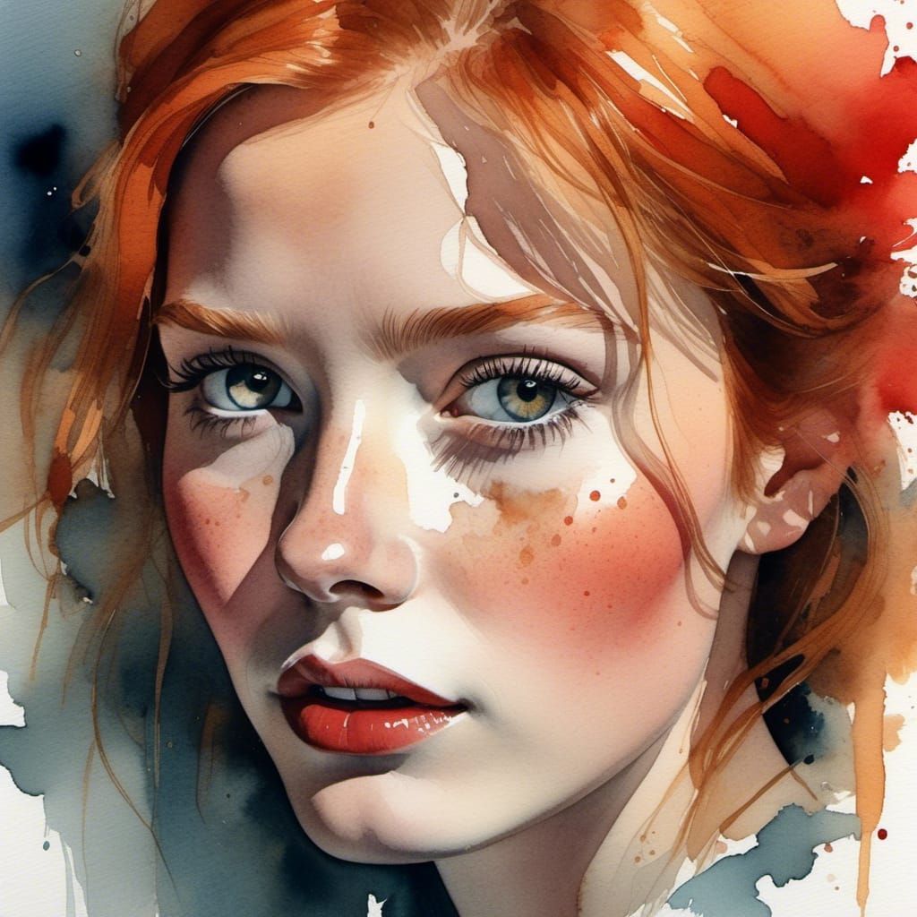 Watercolor Portrait of a Ginger-Haired Girl