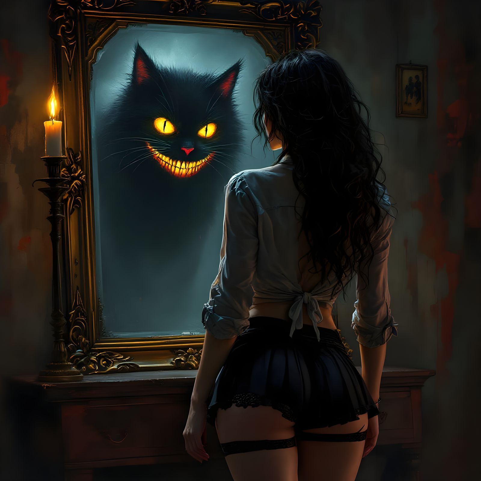 Gothic Woman Confronts Sinister Cheshire Cat in Chaotic Oil ...