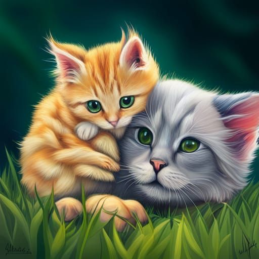 Gold Kitten and Chick Cuddle: Hyperrealistic Art