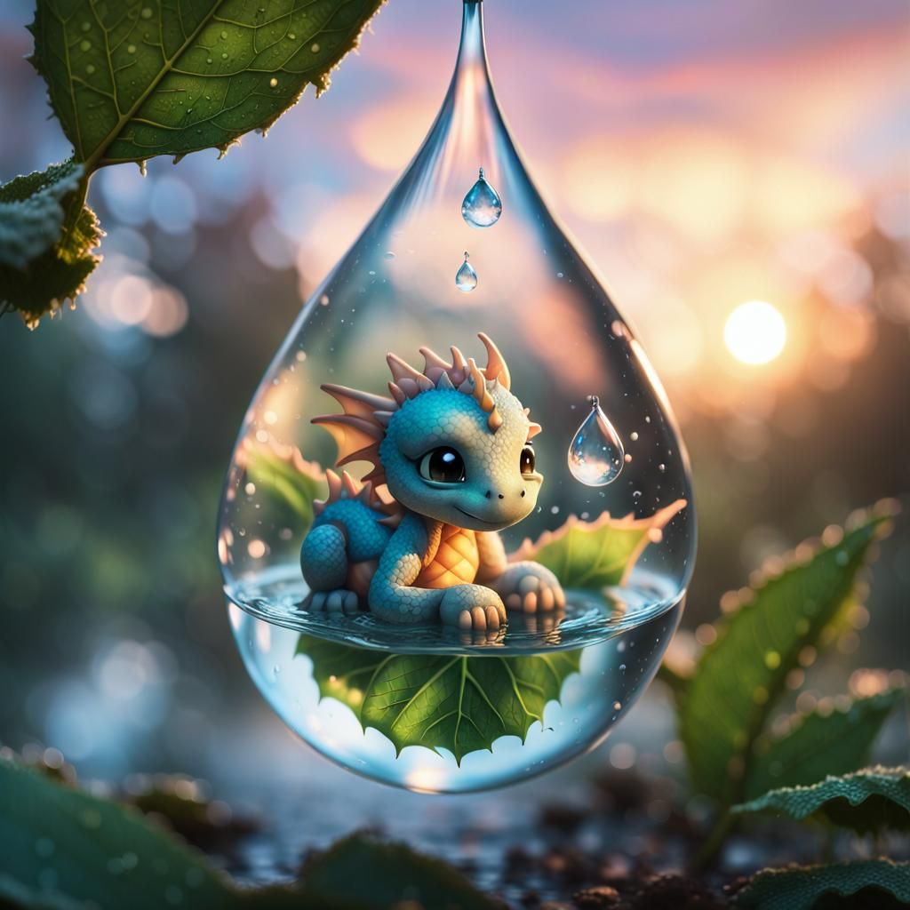 A cute chibi Dragon sleeping inside a water drop