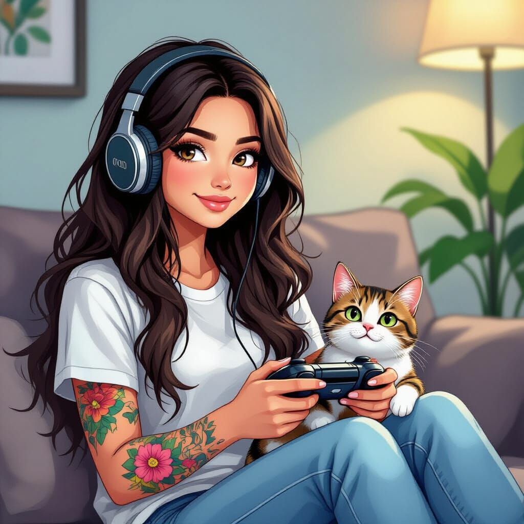 Cartoon Girl Playing Sims with Cat and Headphones